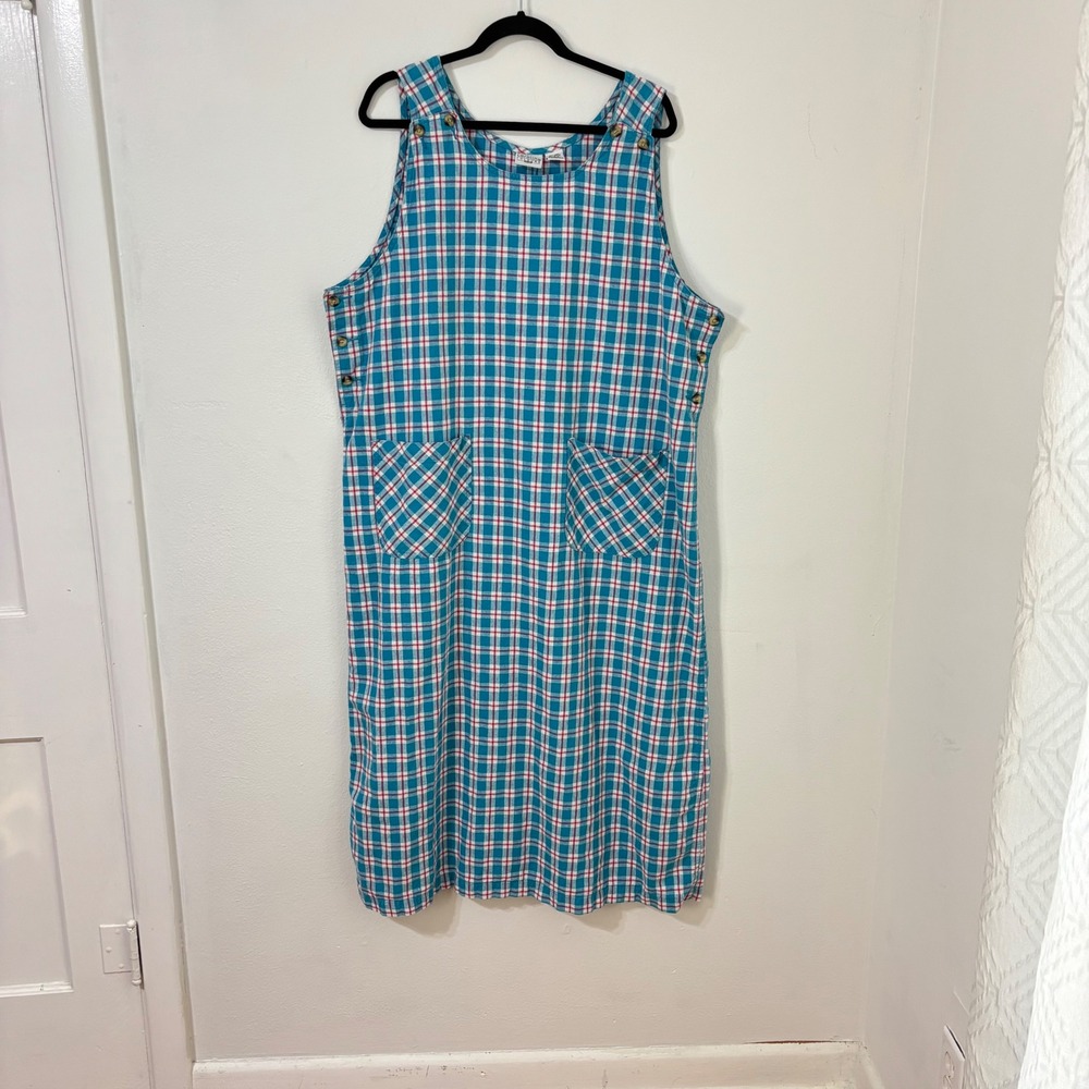 Vtg Linen Cotton Plaid Jumper Dress Cottage Modest Pockets Country Women 20W